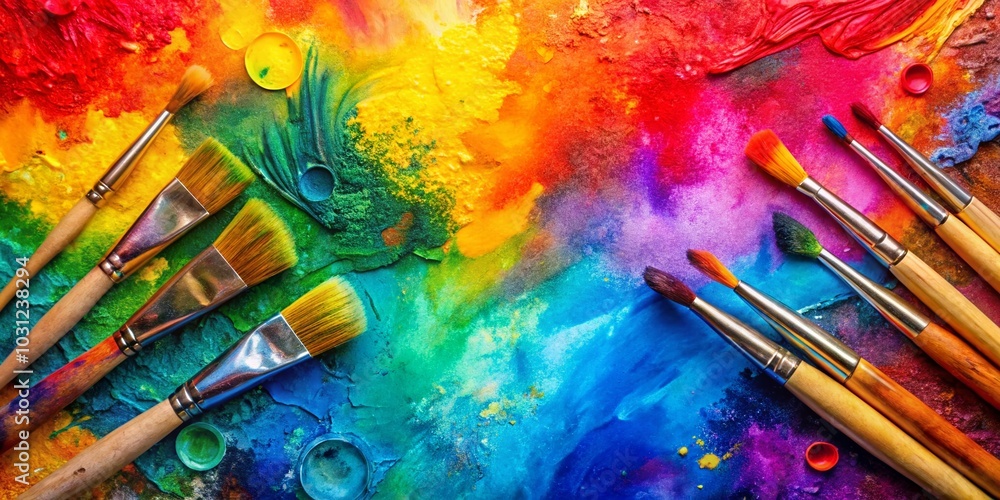 Fototapeta premium Abstract Handmade Watercolor Background with Wet Texture and Paint Brushes for Creative Art Design Projects and