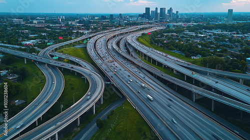 Aerial view of a highway overpass in the city with cars and traffic