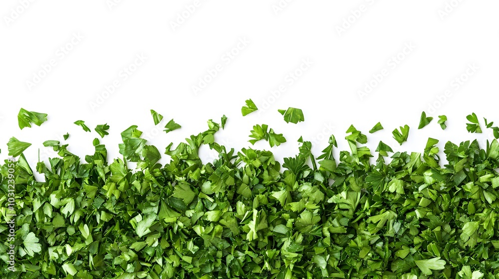 chopped parsley leaves isolated on white background with copy space above. chopped parsley leaves isolated on white background with copy space above.