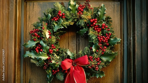 Festive Holiday Wreath on Wooden Door