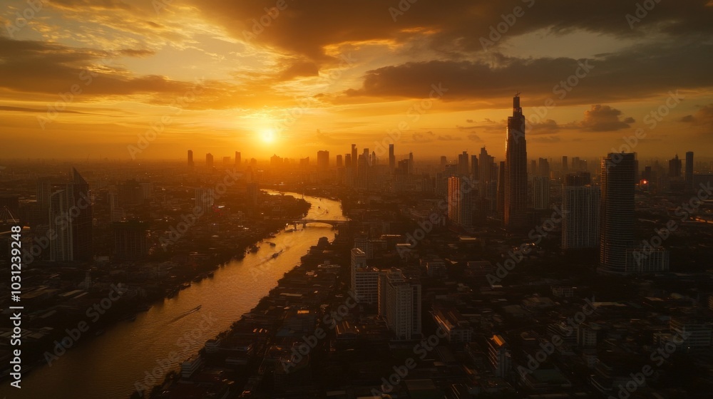 Stunning Sunset Over Urban Landscape with River Stunning Sunset Over Urban Landscape with River