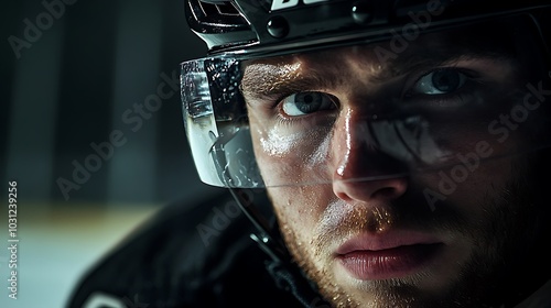 Close-up Portrait of a Sweating Hockey Player Wearing a Helmet and Face Mask