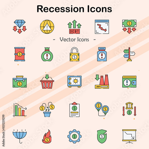 Icons representing economic recession and financial downturns.