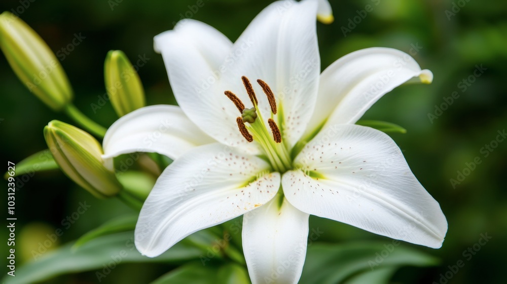 Elegant White Lily Blooming in Natural Setting Elegant White Lily Blooming in Natural Setting