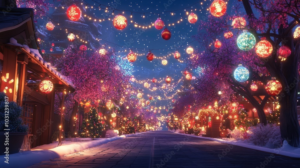 Colorful Lanterns Illuminate a Winter Night Scene Colorful Lanterns Illuminate a Winter Night Scene