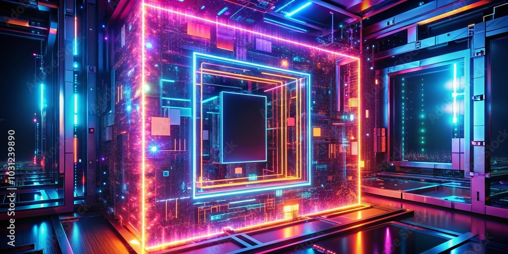 Obraz premium Abstract Neon Computer Technology Frame with AI Generation in Acrylic Design for Futuristic Digital Art and Innovation