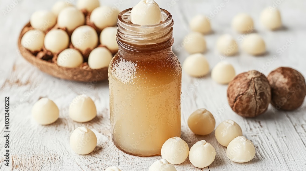 Natural Ingredients in a Bottle with White Spheres Natural Ingredients in a Bottle with White Spheres