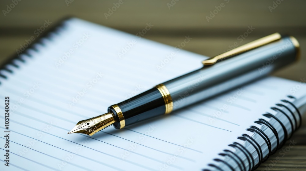 Elegant Fountain Pen and Notebook on Wooden Table Elegant Fountain Pen and Notebook on Wooden Table