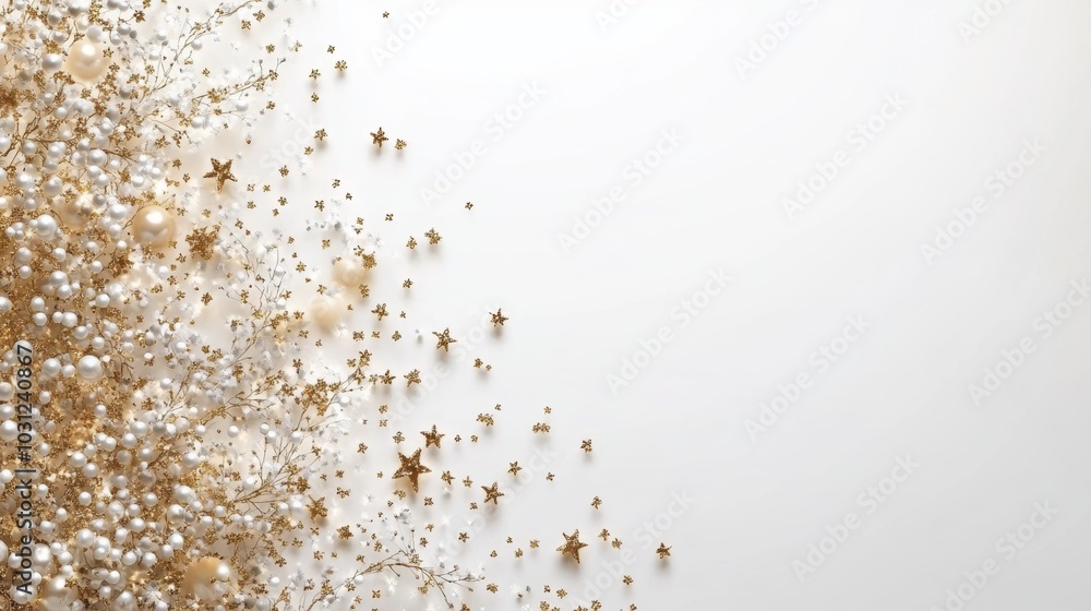 White and Gold Festive Background with Pearls Stars and Twigs White and Gold Festive Background with Pearls Stars and Twigs