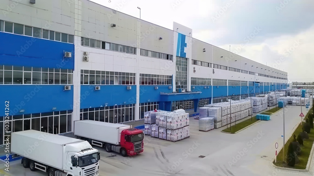 White Semi-Truck Parked in Front of Large Warehouse Building White Semi-Truck Parked in Front of Large Warehouse Building