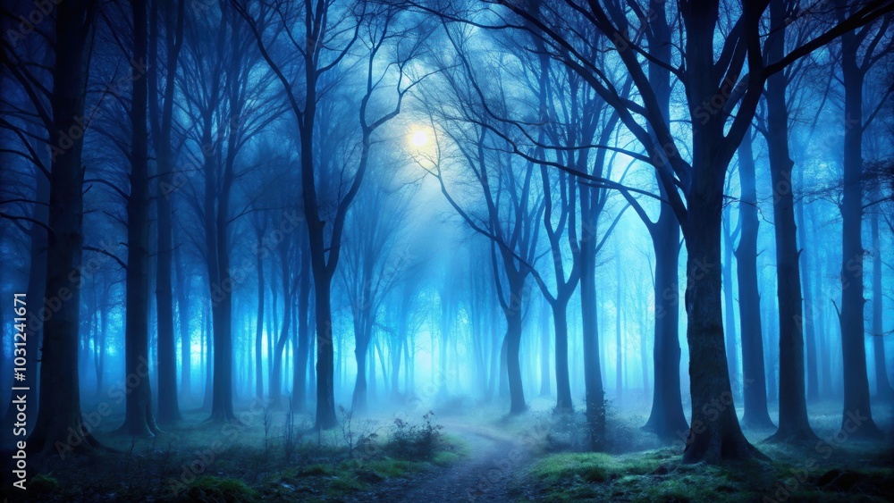 Fototapeta premium Spooky forest with dark blue tones, eerie trees, and misty atmosphere, spooky, forest, dark, blue, landscape, trees, eerie