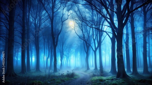 Fototapeta Naklejka Na Ścianę i Meble -  Spooky forest with dark blue tones, eerie trees, and misty atmosphere, spooky, forest, dark, blue, landscape, trees, eerie