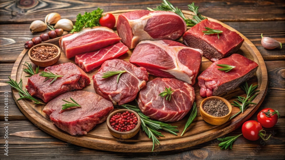 Close-up shot of a variety of raw fresh meat on a wooden cutting board, raw, fresh, meat, beef, pork, chicken, lamb, uncooked Close-up shot of a variety of raw fresh meat on a wooden cutting board, raw, fresh, meat, beef, pork, chicken, lamb, uncooked