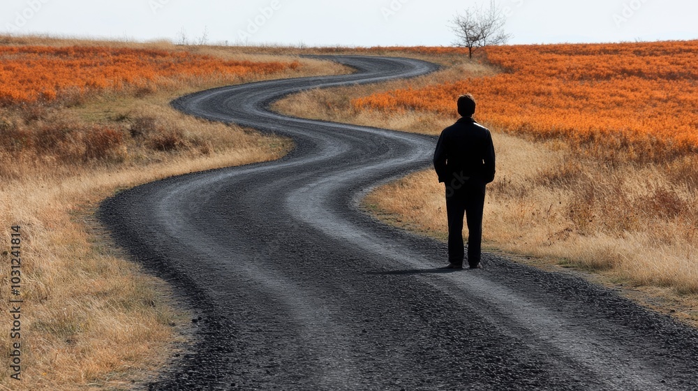 Obraz premium Man Walking on a Winding Country Road with Autumn Grass
