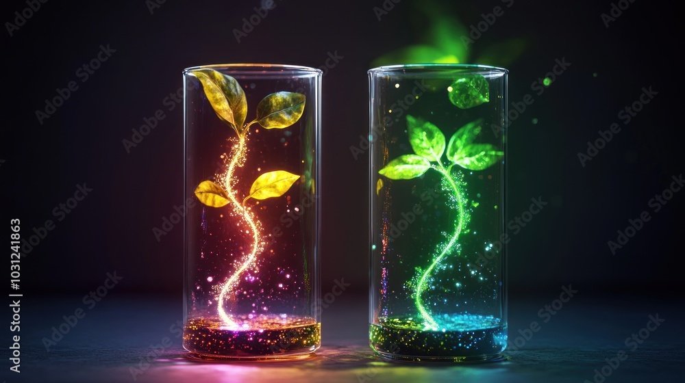 A test tube glitters with two strands of dna, one colorful green cinematic light connects to form a plant growth. The overall color scheme is in cool tones, with a scientific feel. A test tube glitters with two strands of dna, one colorful green cinematic light connects to form a plant growth. The overall color scheme is in cool tones, with a scientific feel.