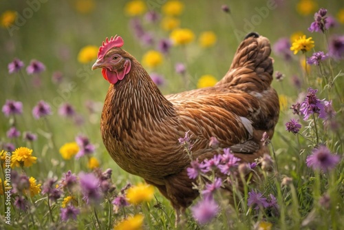 Hen with Chicks in a Meadow of Wildflowers photo