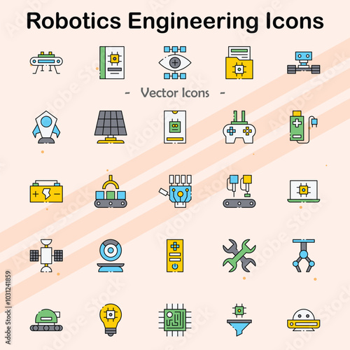 Icons representing robotics and engineering technology.
