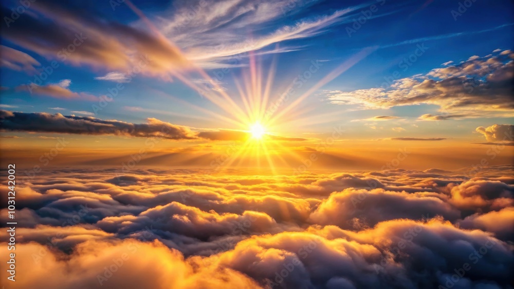 Fototapeta premium of sun rays shining above the clouds during sunset, sunset, sun rays, above clouds, sky, beautiful, serene, scenic