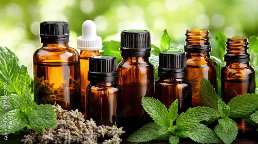 Essential Oils in Glass Bottles on Fresh Green Background Essential Oils in Glass Bottles on Fresh Green Background