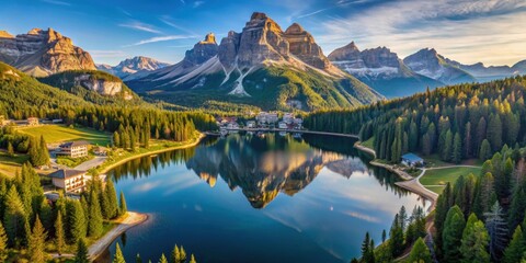 Papier peint photo Canada Aerial view of Lago Antorno, Dolomites mountain landscape with Alps peak in Misurina, Cortina d'Ampezzo  © Nasnunt