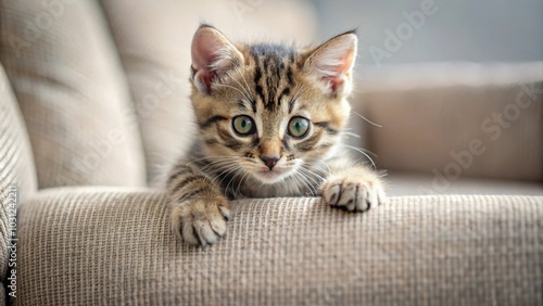 A cute kitten sharpening its claws on a fabric sofa, kitten, scratching, fabric, sofa, couch, furniture, playful, pet, adorable, small