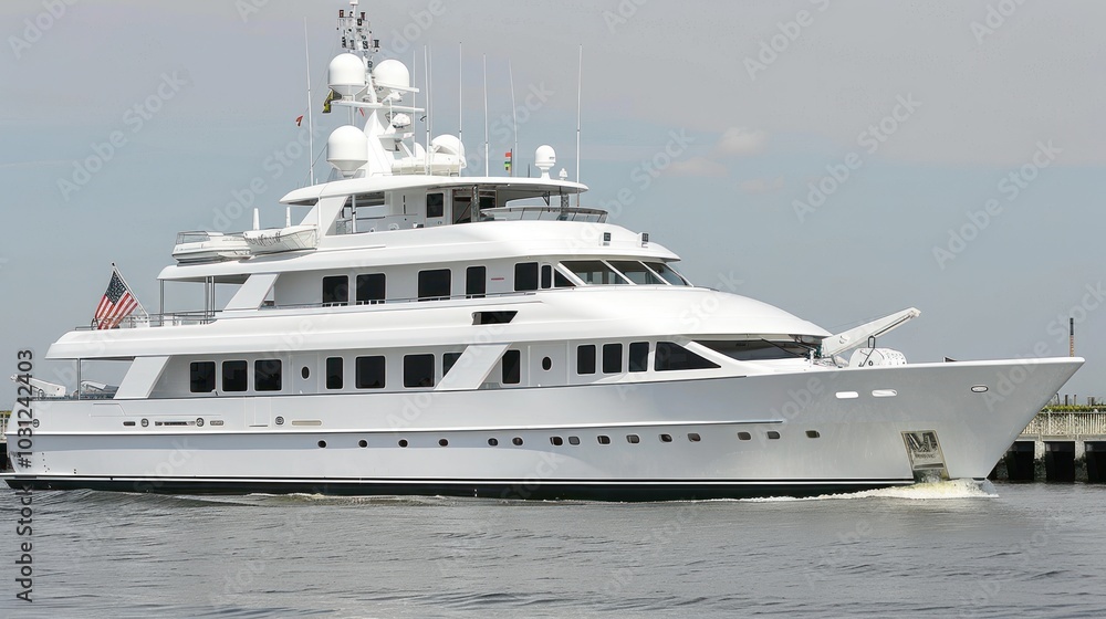 White Luxury Yacht Sailing in Calm Waters White Luxury Yacht Sailing in Calm Waters