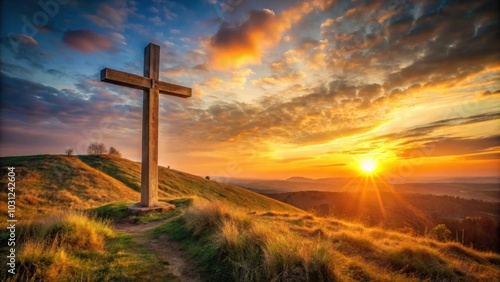 Wide-angle shot of a wooden cross on a hill at sunset, wide-angle, wooden, cross, hill, sunset, peaceful, religious, spiritual