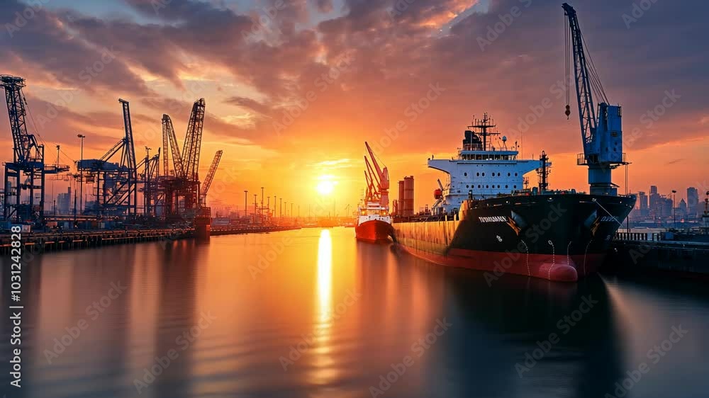 A large cargo ship sits docked at a harbor at sunset, with cranes lining the dock and the city skyline visible in the distance A large cargo ship sits docked at a harbor at sunset, with cranes lining the dock and the city skyline visible in the distance