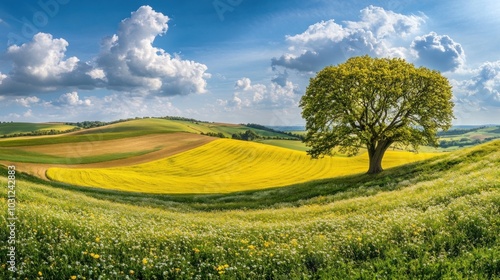 A solitary tree stands tall on a rolling hill with fields of yellow flowers, blue sky, and puffy clouds.