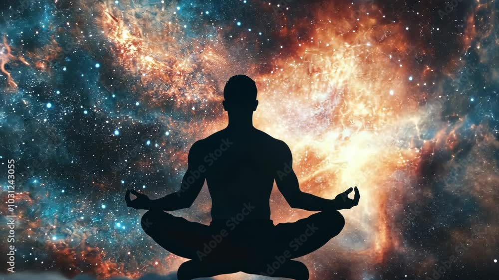 A person meditates in front of a vibrant galaxy, seeking inner peace amidst the vastness of space A person meditates in front of a vibrant galaxy, seeking inner peace amidst the vastness of space