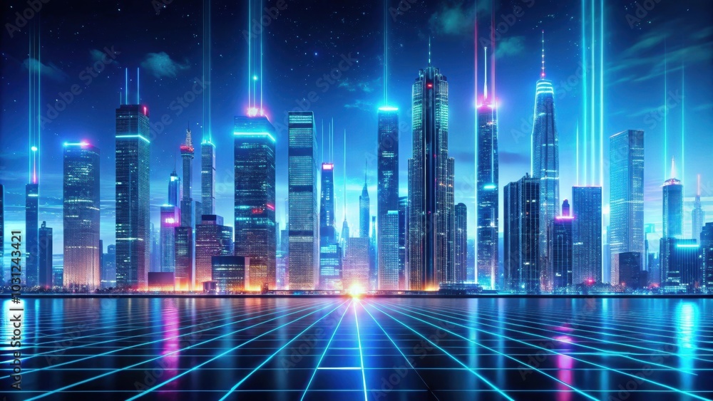 Obraz premium Futuristic city skyline with holographic lights and digital displays, futuristic, cityscape, technology