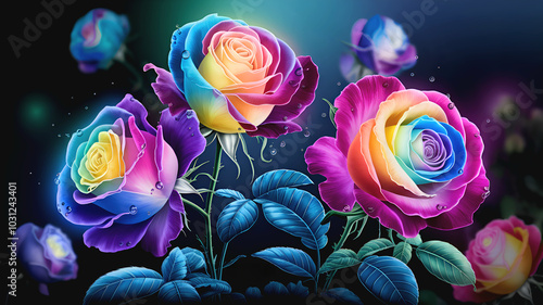Rainbow Roses: A breathtaking display of vibrant, iridescent roses against a dark, atmospheric background.  Each bloom is a masterpiece of color, capturing the essence of beauty and wonder.