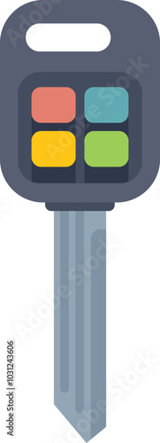 Modern car key with remote control buttons is shown against a white background