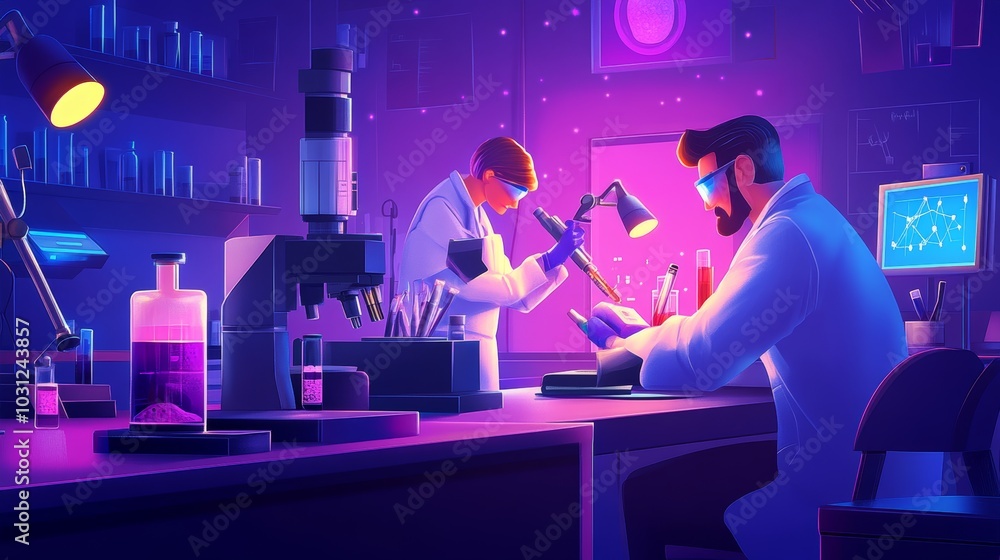 Scientists Working in a Modern Laboratory with Microscopes and Test Tubes Scientists Working in a Modern Laboratory with Microscopes and Test Tubes