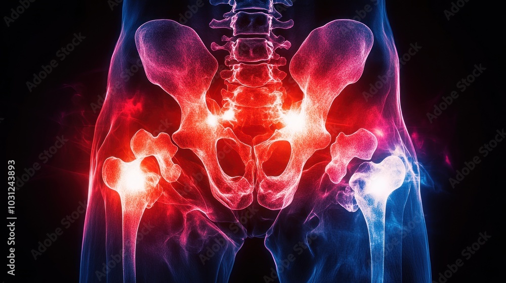 X-ray of the pelvis X-ray scan with red and blue highlights showing tenderness in some parts of the bone. The background is black to highlight the outline of the bone in detail. X-ray of the pelvis X-ray scan with red and blue highlights showing tenderness in some parts of the bone. The background is black to highlight the outline of the bone in detail.