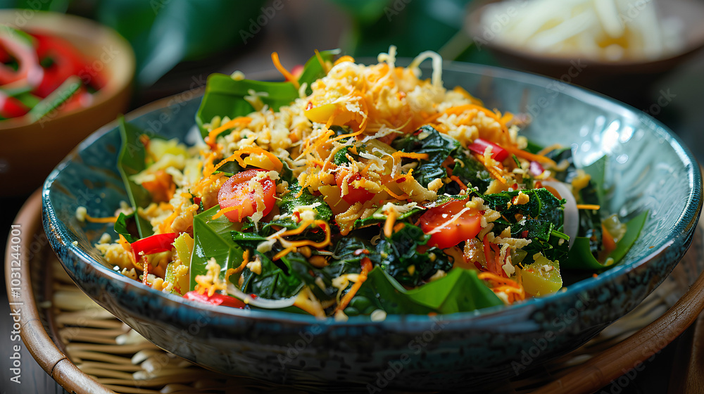 A close-up of a green salad topped with shredded cheese and tomatoes in a blue bowl. A close-up of a green salad topped with shredded cheese and tomatoes in a blue bowl.
