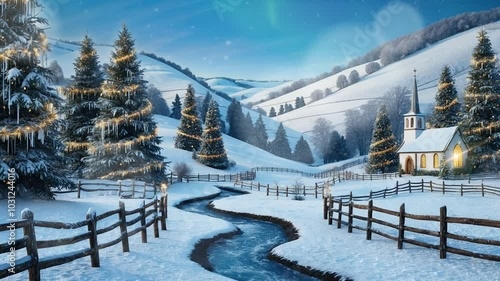 A picturesque winter scene with a quaint church nestled in a snowy valley, surrounded by snow-laden trees and a winding stream.