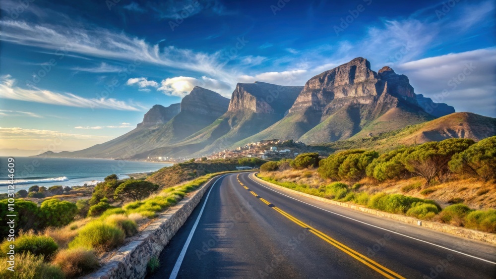 Naklejka premium Scenic landscape with a road leading to Cape Town under a clear sky, South Africa, landscape, road, Cape Town, horizon