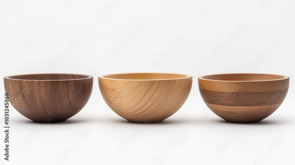 a front view of three wooden bowls placed upright and spaced equally in the center of a white background a front view of three wooden bowls placed upright and spaced equally in the center of a white background