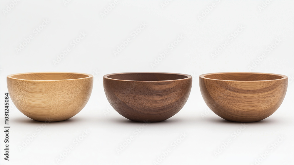 a front view of three wooden bowls placed upright and spaced equally in the center of a white background a front view of three wooden bowls placed upright and spaced equally in the center of a white background