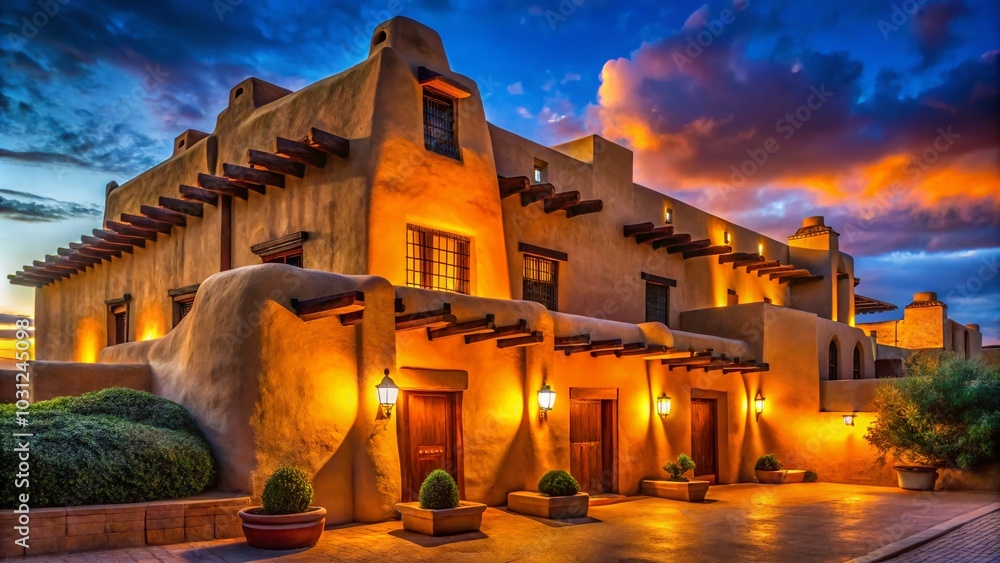 Fototapeta premium Adobe Architecture in Santa Fe: Night Photography of Historic Building with Warm Early Morning Light