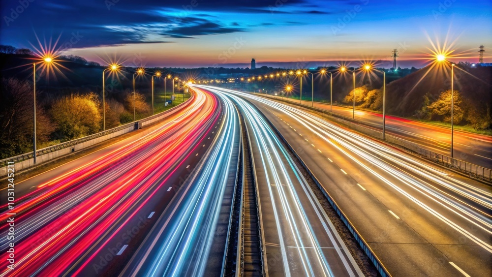 Light trails from fast moving traffic on M42 motorway at night, night, light trails, traffic, movement, speed Light trails from fast moving traffic on M42 motorway at night, night, light trails, traffic, movement, speed