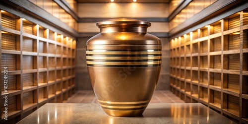 Bronze cremation urn with gold stripes in a columbarium niche with soft lighting, Bronze, cremation, urn
