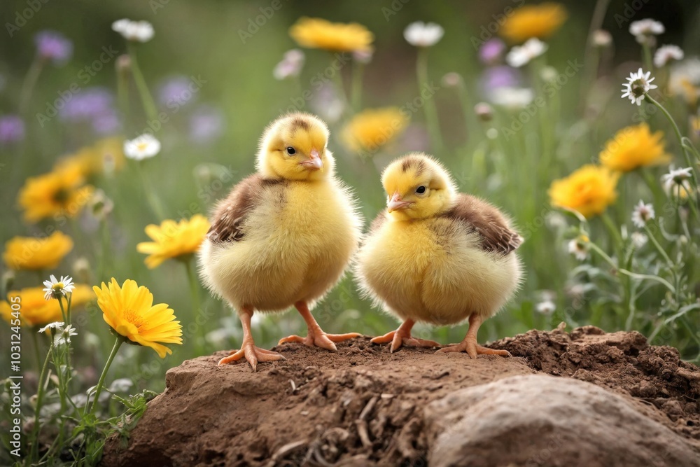 Chicks Exploring a Garden Among Bright Wildflowers Chicks Exploring a Garden Among Bright Wildflowers