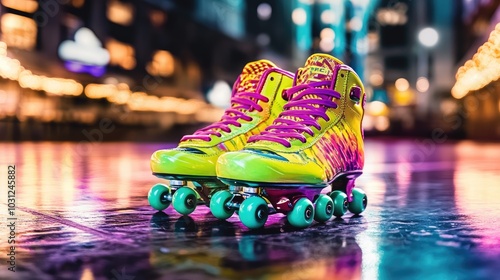 Colorful Roller Skates on Urban Surface at Night