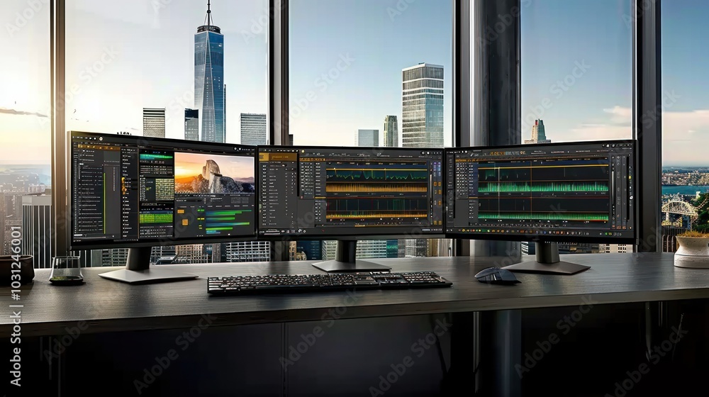 Three Monitors Displaying Audio Editing Software in an Office with a City View Three Monitors Displaying Audio Editing Software in an Office with a City View