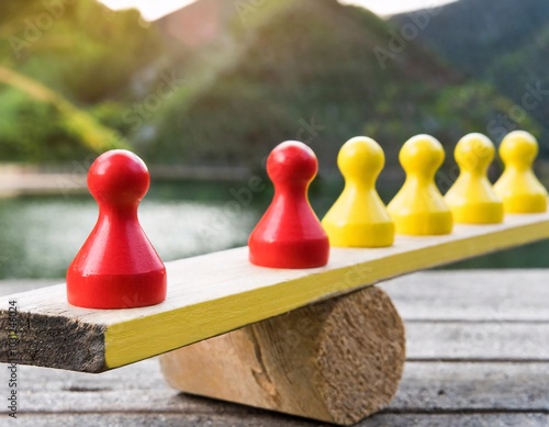 red and yellow pawns balanced on a wooden swing.