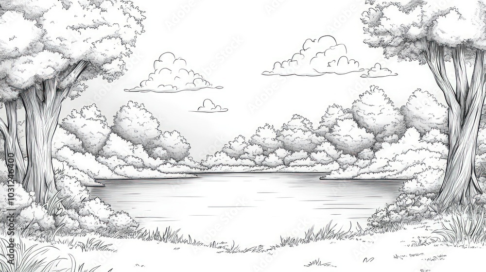 Obraz premium A hand-drawn sketch of a peaceful lake surrounded by trees and clouds.