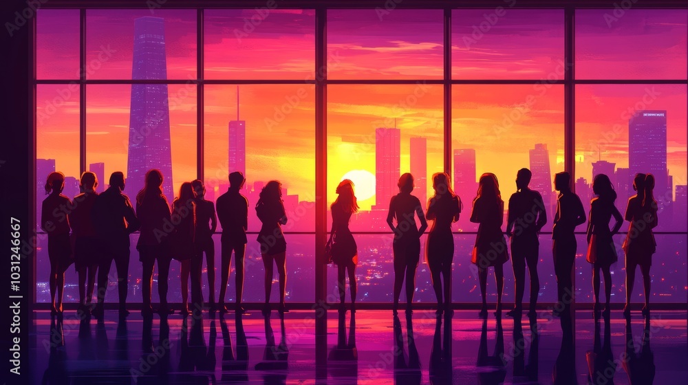 Silhouettes of People Admiring City Skyline at Sunset Silhouettes of People Admiring City Skyline at Sunset