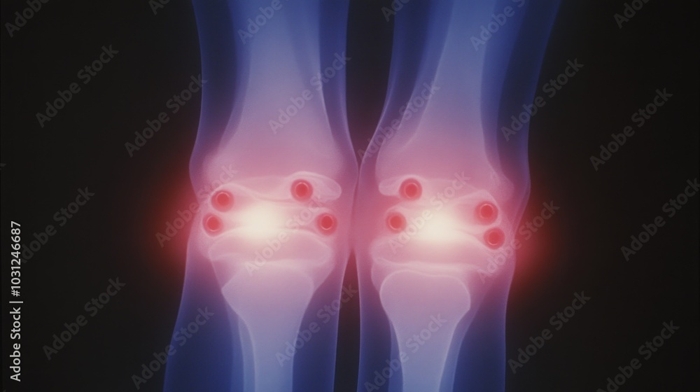 An illuminated X-ray of the hip, with red dots showing the skeletal anatomy of the pain in the red and blue areas for an overall medical view on a black background An illuminated X-ray of the hip, with red dots showing the skeletal anatomy of the pain in the red and blue areas for an overall medical view on a black background